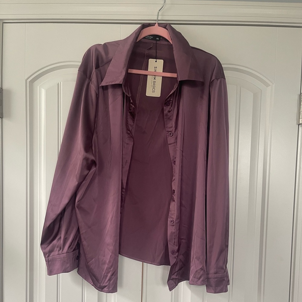 🆕Purple Satin Button-Up Shirt Shein 3XL